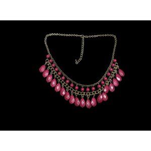 Bohemian Magenta Fringe Beaded Gold Tone Chain Statement Necklace